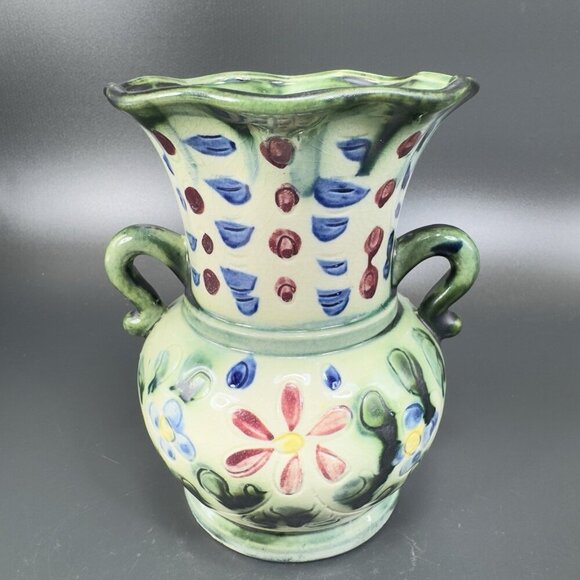 Vintage Japanese Ceramic Vase With Handles Vessel With Majolica Floral Pattern - Picture 15 of 16